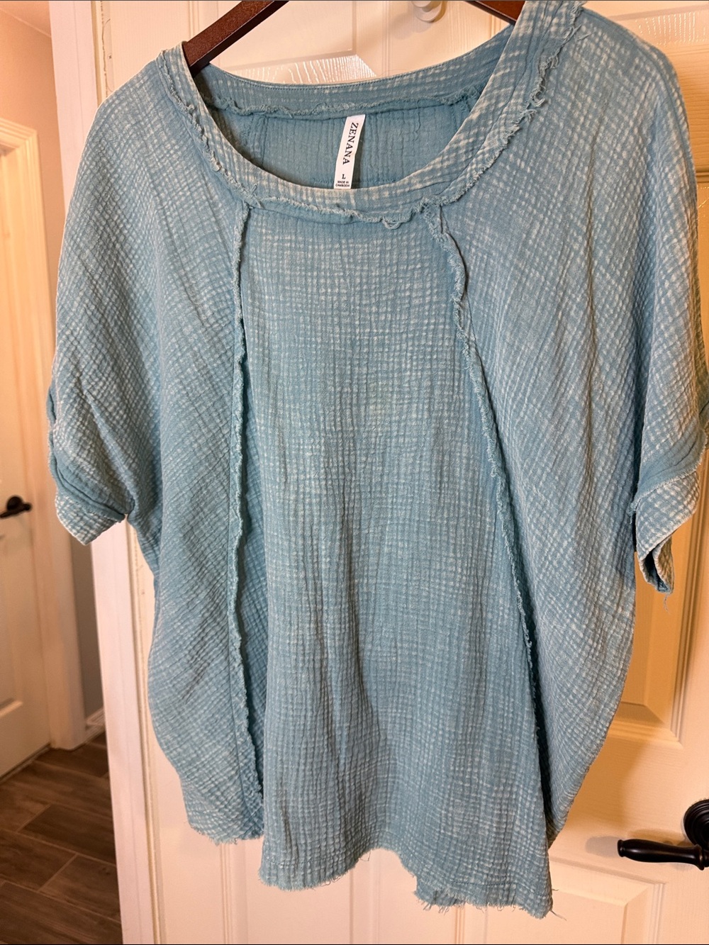 Zenana Gauze Short-Sleeve Tunic in Washed Turquoise